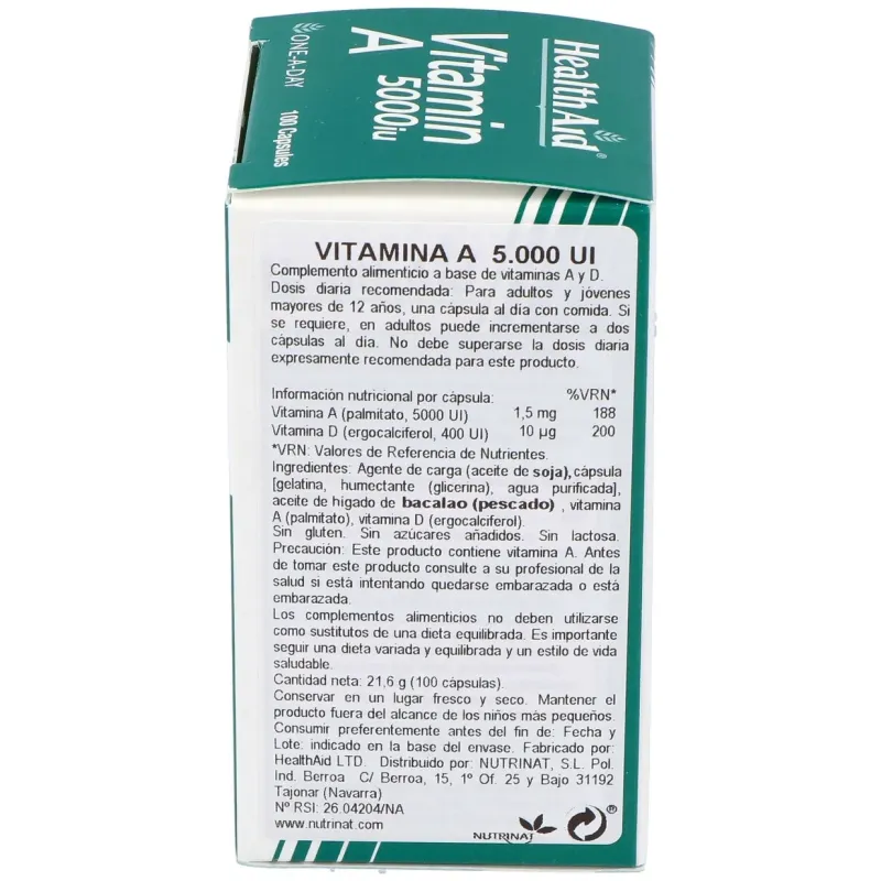 Vit a 5000ui con vit d 400ui 100cap. health aid | Farmacia Barata