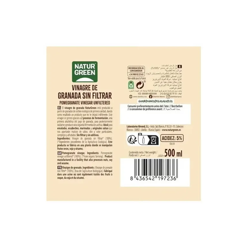 Naturgreen vinagre de granada sin filtrar bio 500ml | Farmacia Barata