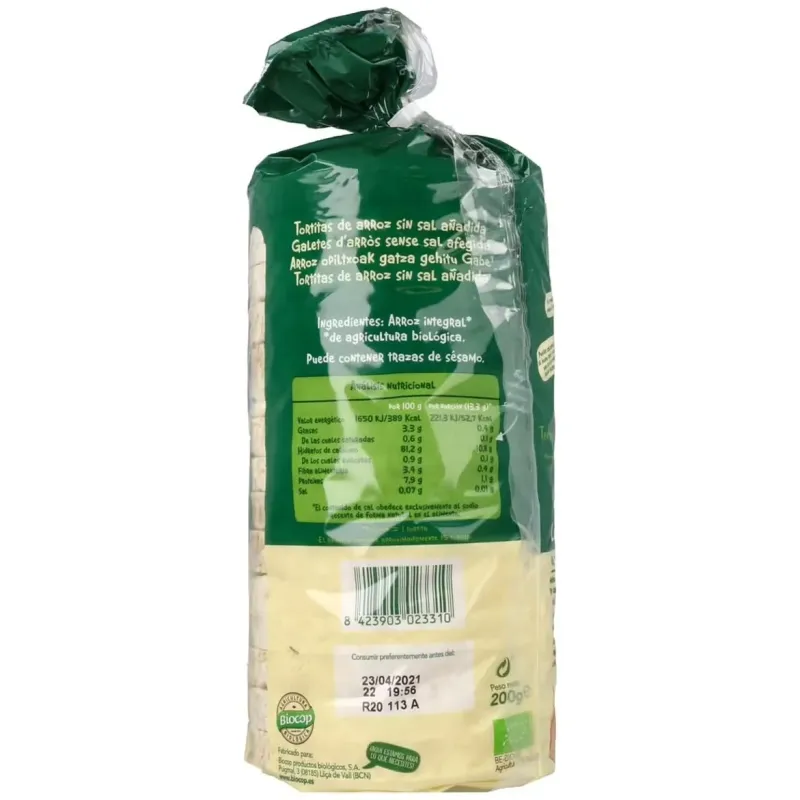 Tortitas de arroz integral 200gr. bio s/sal | Farmacia Barata