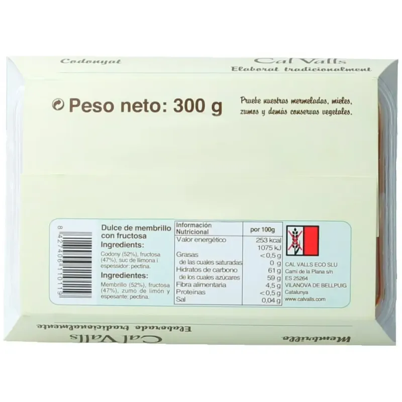 Cal valls membrillo sin azúcar con fructosa nat 300g | Farmacia Barata