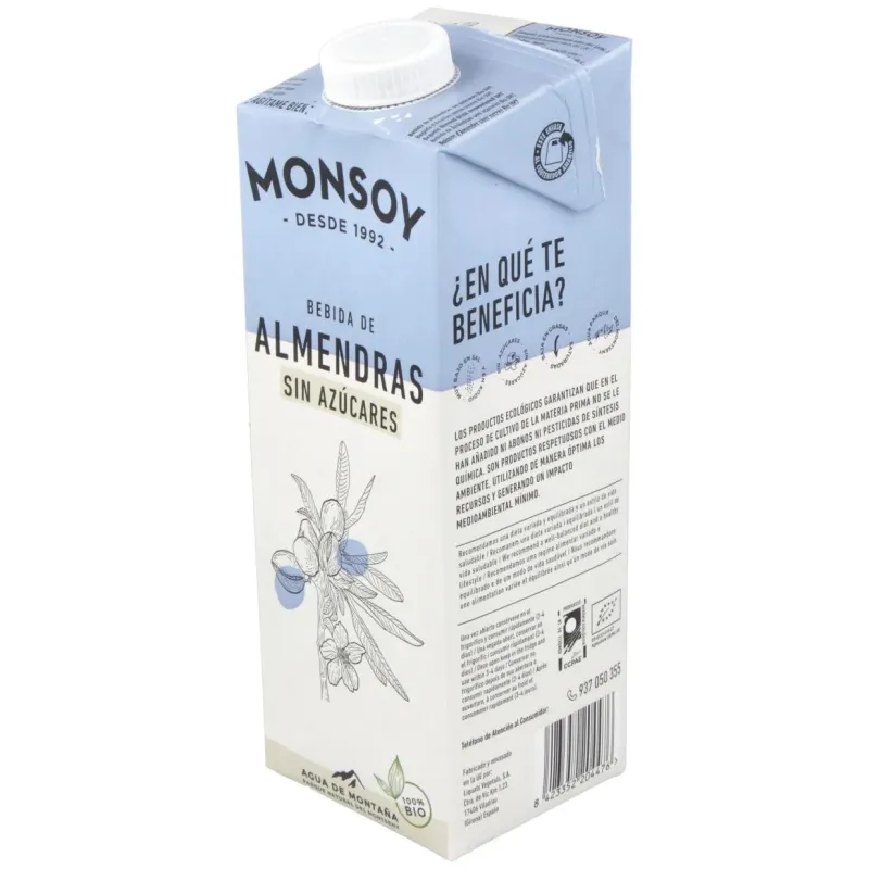 Monsoy leche de almendras sin azucar bio 1000ml | Farmacia Barata