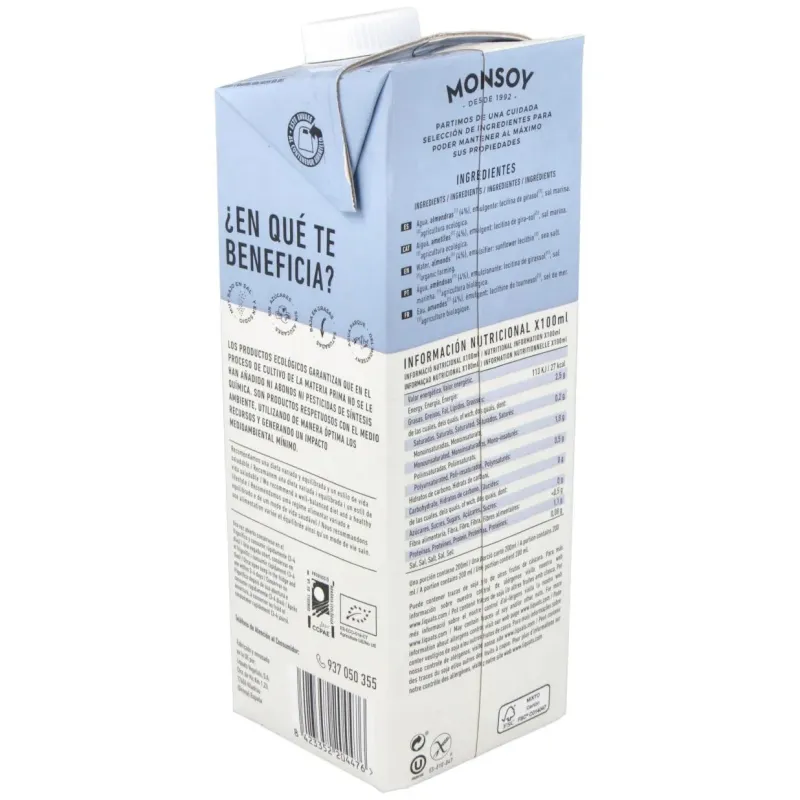 Monsoy leche de almendras sin azucar bio 1000ml | Farmacia Barata