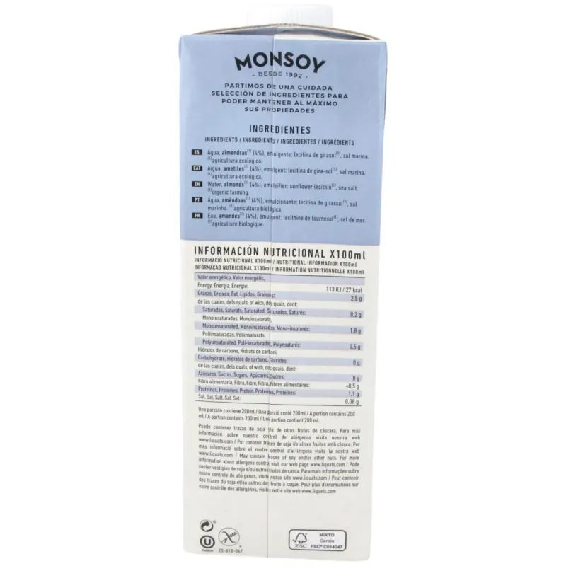 Monsoy leche de almendras sin azucar bio 1000ml | Farmacia Barata