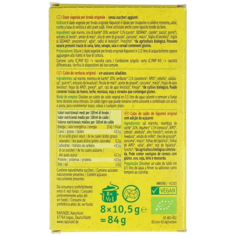 Rapunzel caldo de verduras cubitos bio 8uds | Farmacia Barata