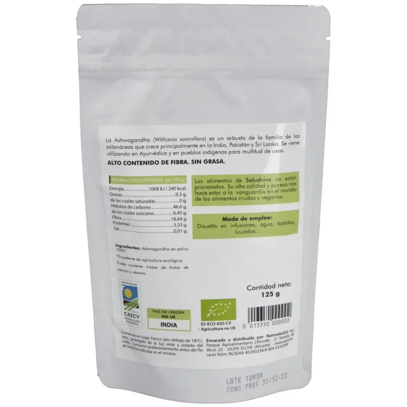 Ashwagandha en polvo 125gr. bio sg s/a vegan | Farmacia Barata