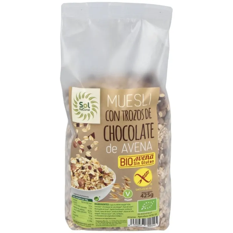 Solnatural muesli avena chocolate sin gluten bio 425g | Farmacia Barata