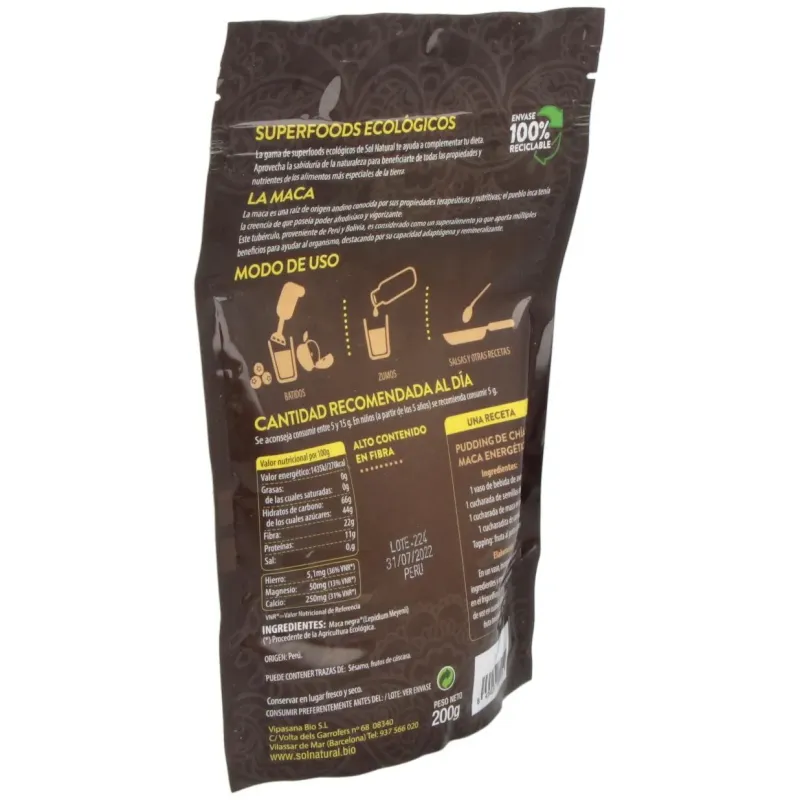 Solnatural maca nega polvo bio 200g | Farmacia Barata