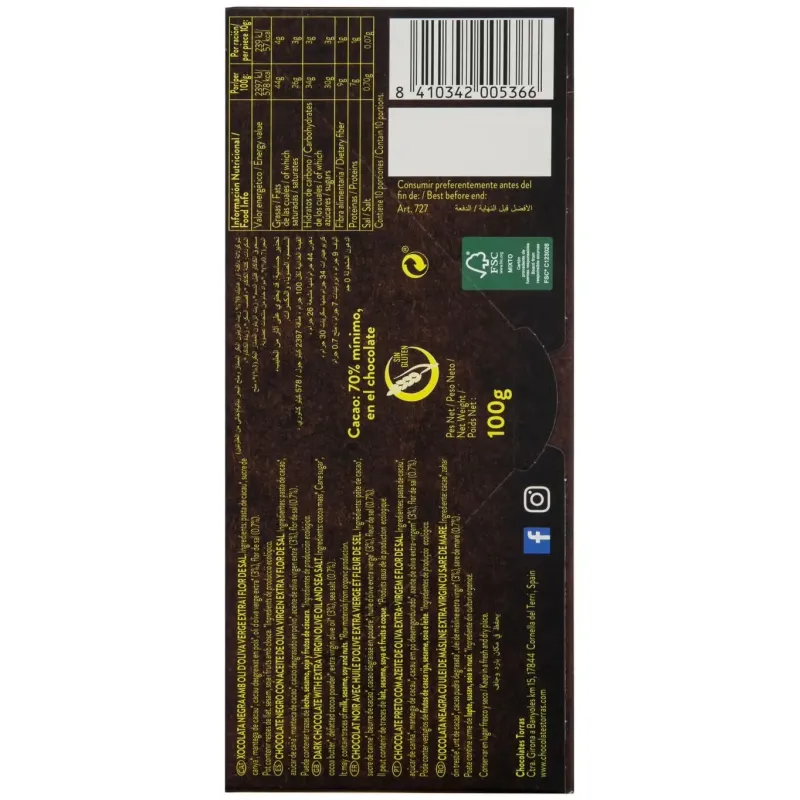Chocolate negro 70% con aceite oliva 100g bio sg | Farmacia Barata