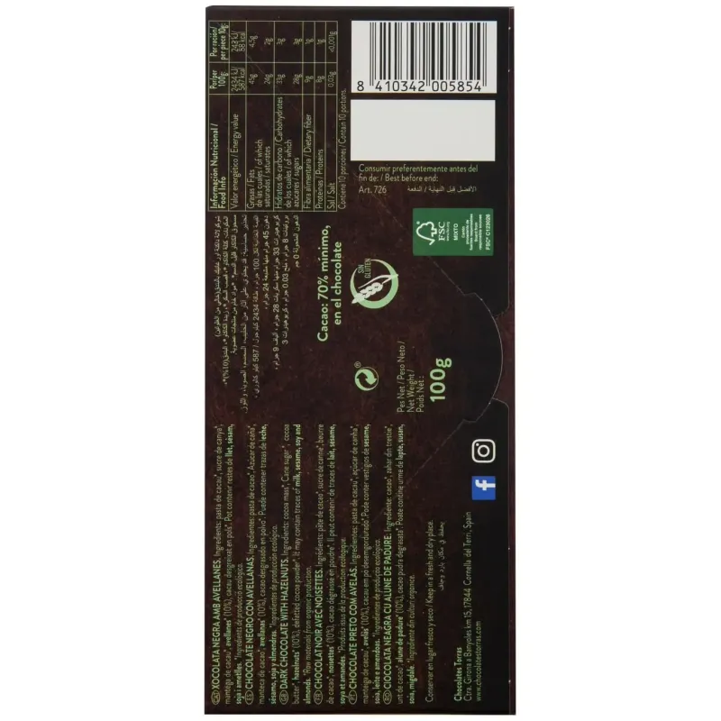 Chocolate negro 70% con avellanas 100gr. bio sg | Farmacia Barata