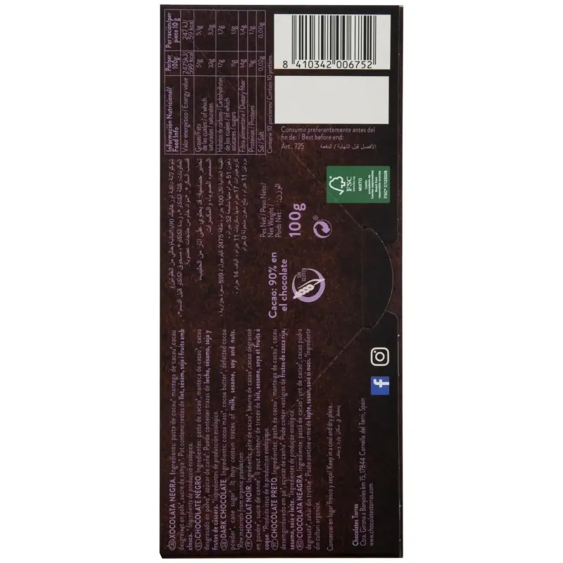 Chocolate negro 90% criollo forastero 100g bio sg | Farmacia Barata