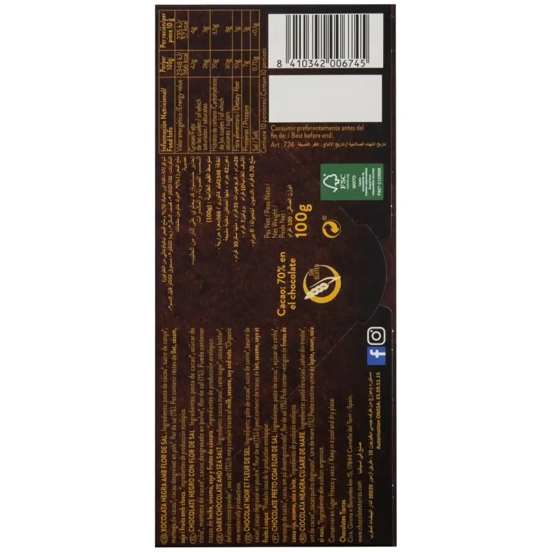 Chocolate negro 70% con flor de sal 100g bio sg | Farmacia Barata