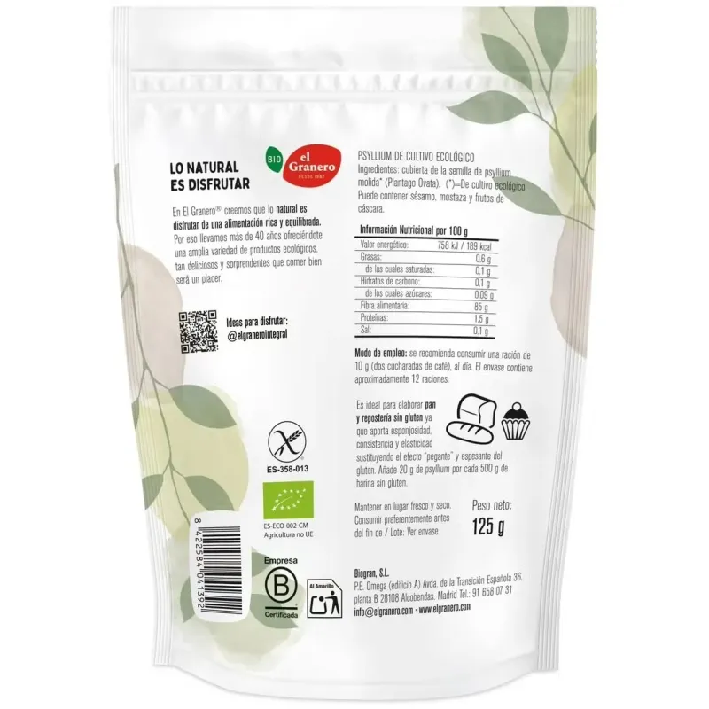 Granero integral psyllium polvo bio sin gluten 125g | Farmacia Barata