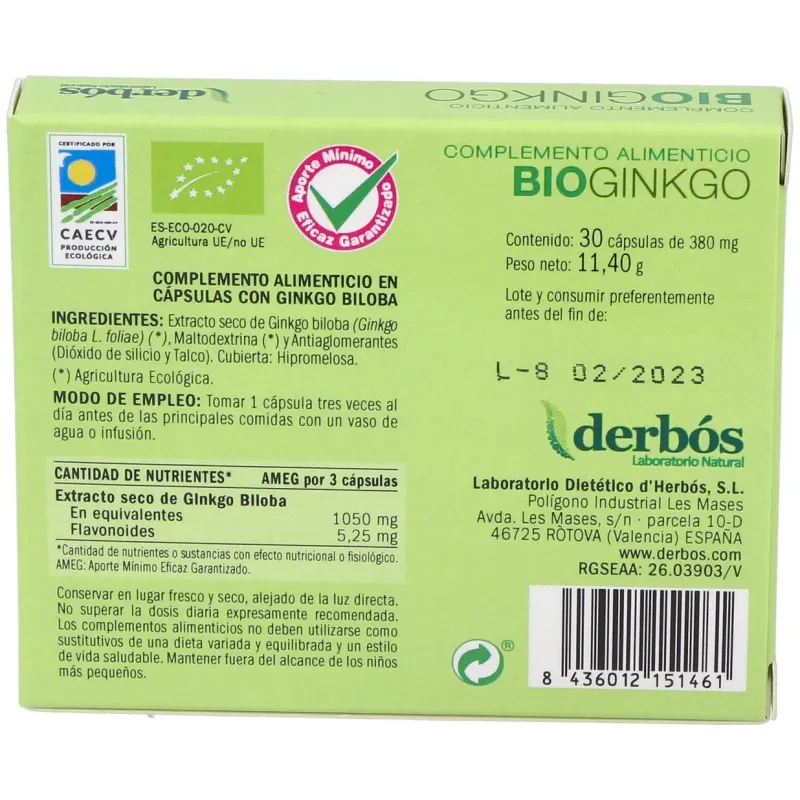 Derbos Bioginkgo Biloba, 30 Cápsulas | Farmacia Barata
