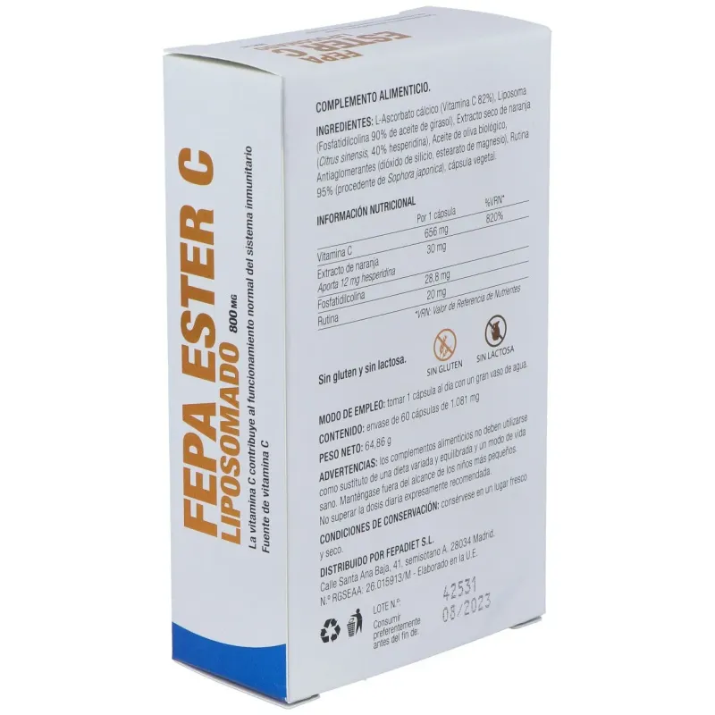 Fepa Ester C Liposomado 800 mg 60 Cápsulas | Farmacia Barata Fepa Ester C Liposomado 800 mg 60 Cápsulas | Farmacia Barata