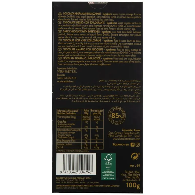 Torras chocolate negro 85% zero 100g | Farmacia Barata
