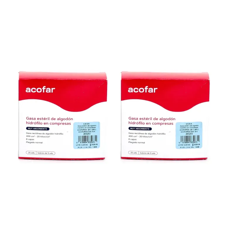 Acofar gasa estéril algodón hidrófilo en compresas Duplo, 2 x 25 unidades. | Farmacia Barata Acofar gasa estéril algodón hidrófilo en compresas Duplo, 2 x 25 unidades. | Farmacia Barata