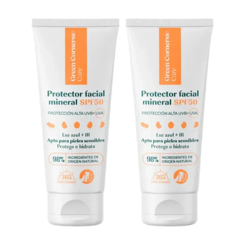 Green Cornerss Protector Facial Mineral SPF50 Duplo, 2 x 50 ml | Farmacia Barata Green Cornerss Protector Facial Mineral SPF50 Duplo, 2 x 50 ml | Farmacia Barata