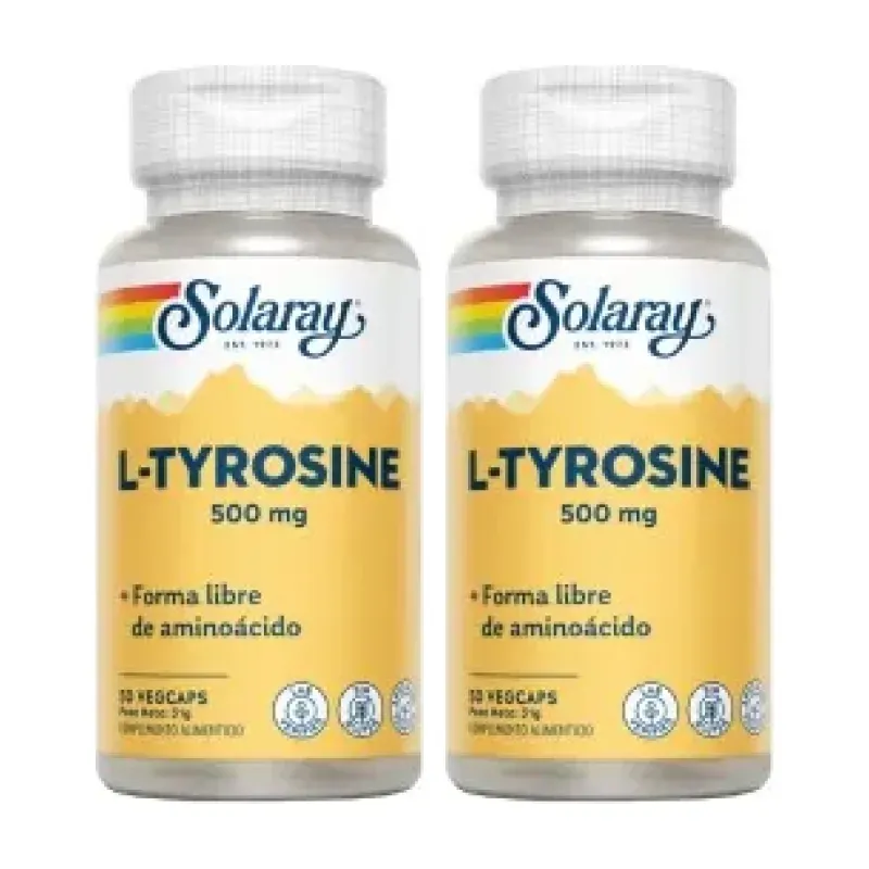 Solaray L-Tyrosina 500 mg Duplo, 2 x 50 cápsulas veganas | Farmacia Barata Solaray L-Tyrosina 500 mg Duplo, 2 x 50 cápsulas veganas | Farmacia Barata