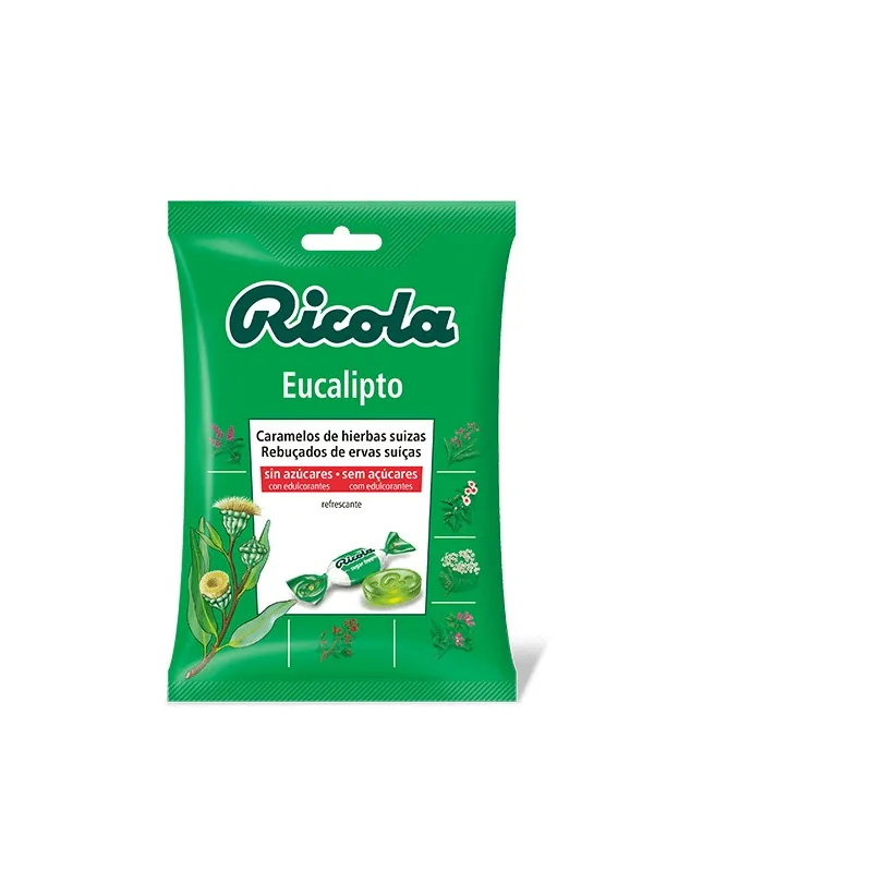 Ricola caramelos de eucalipto sin azúcar, 70g.