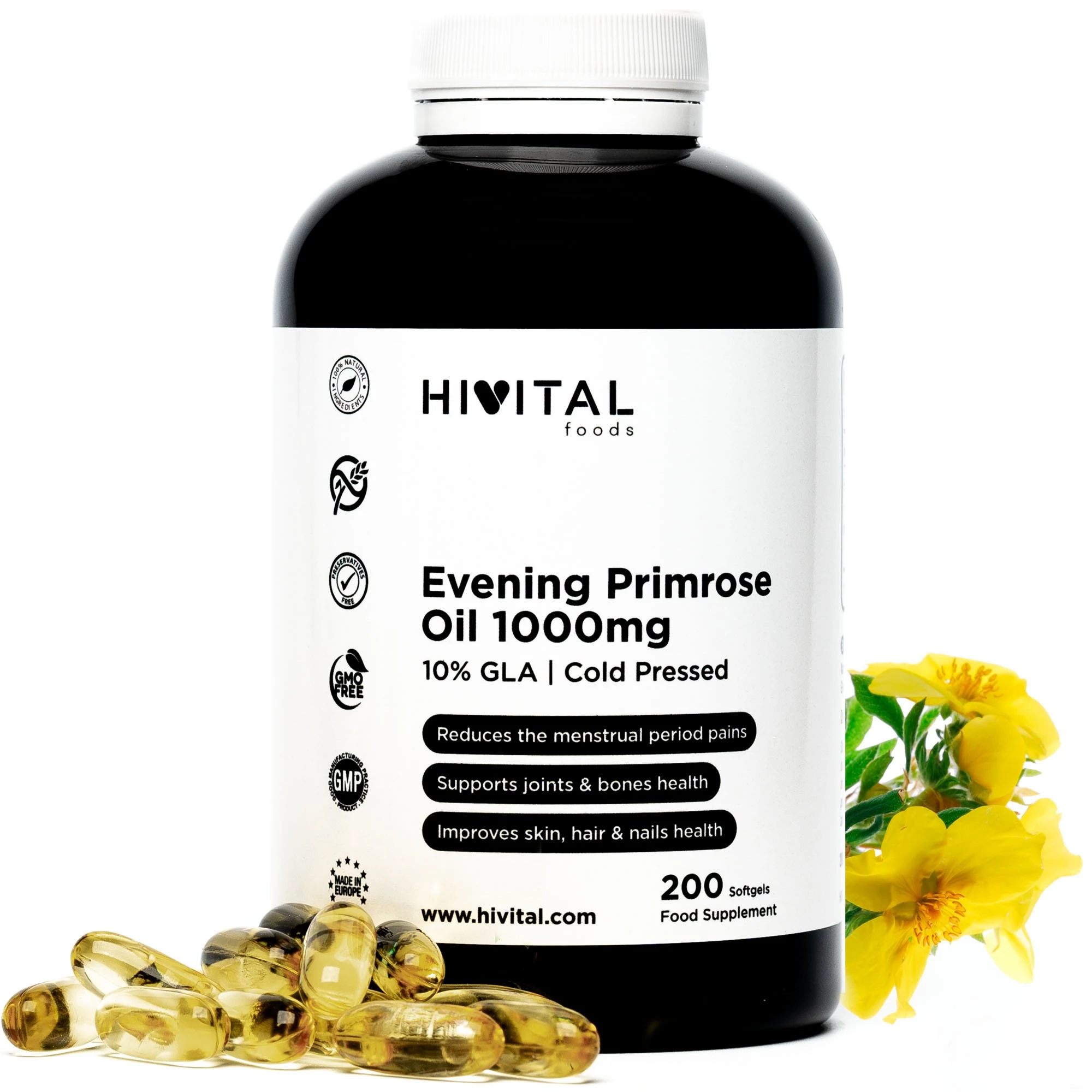 Hivital Aceite de Onagra 1000 mg, 200 perlas.