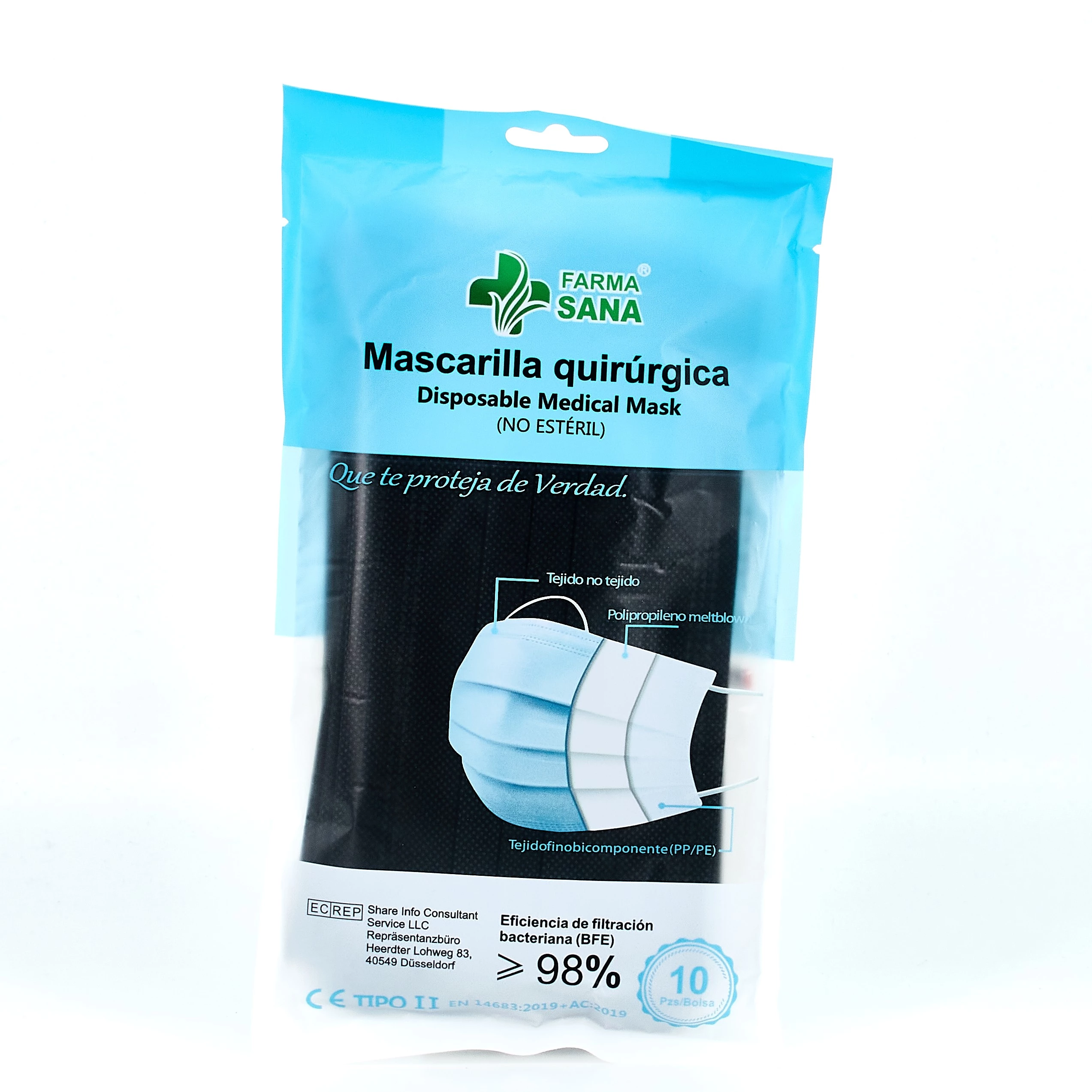 Mascarilla Quirúrgica Adulto Negra, 10 Uds.