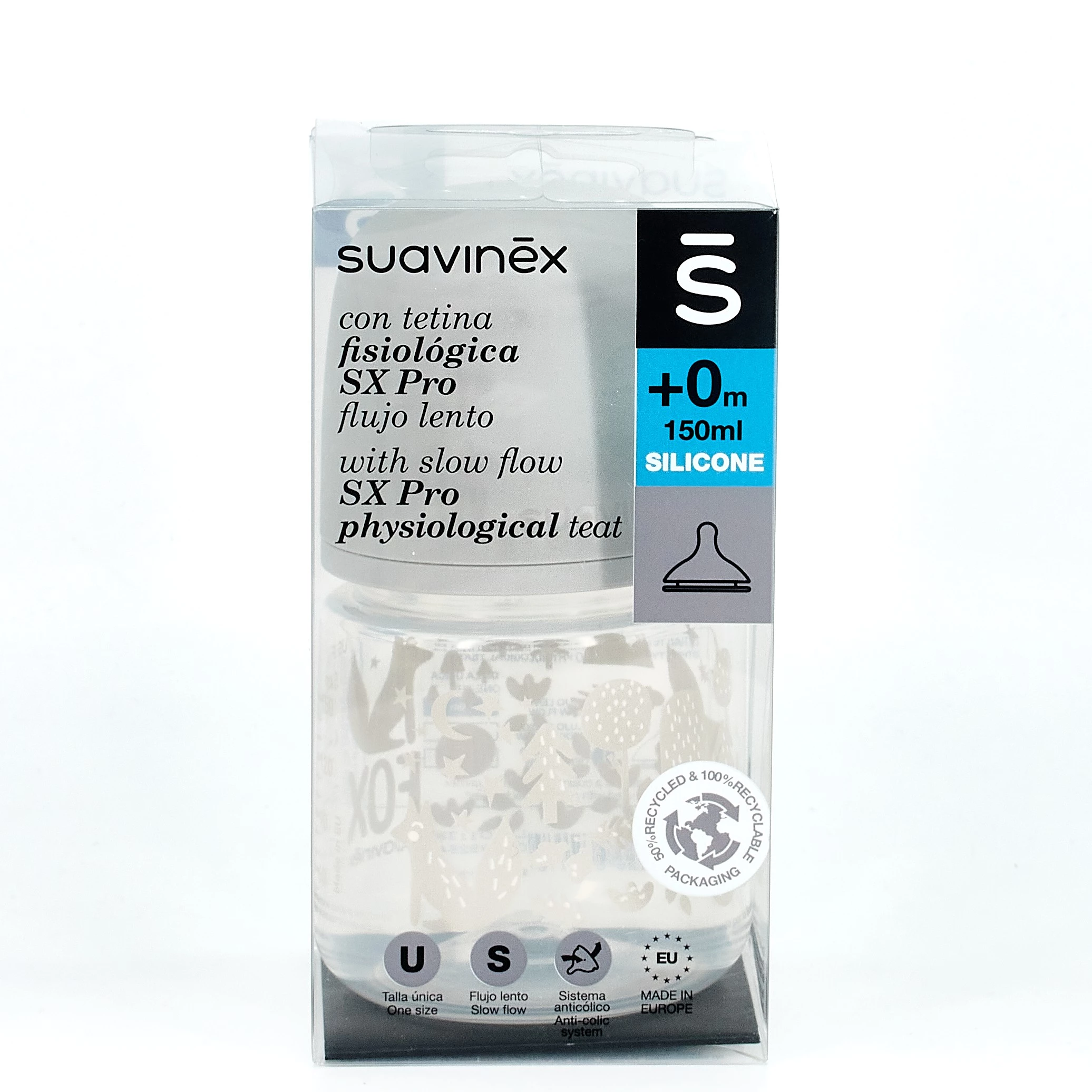 Suavinex Biberon Tetina Fisiologica Silicona Flujo Lento, 150ml.