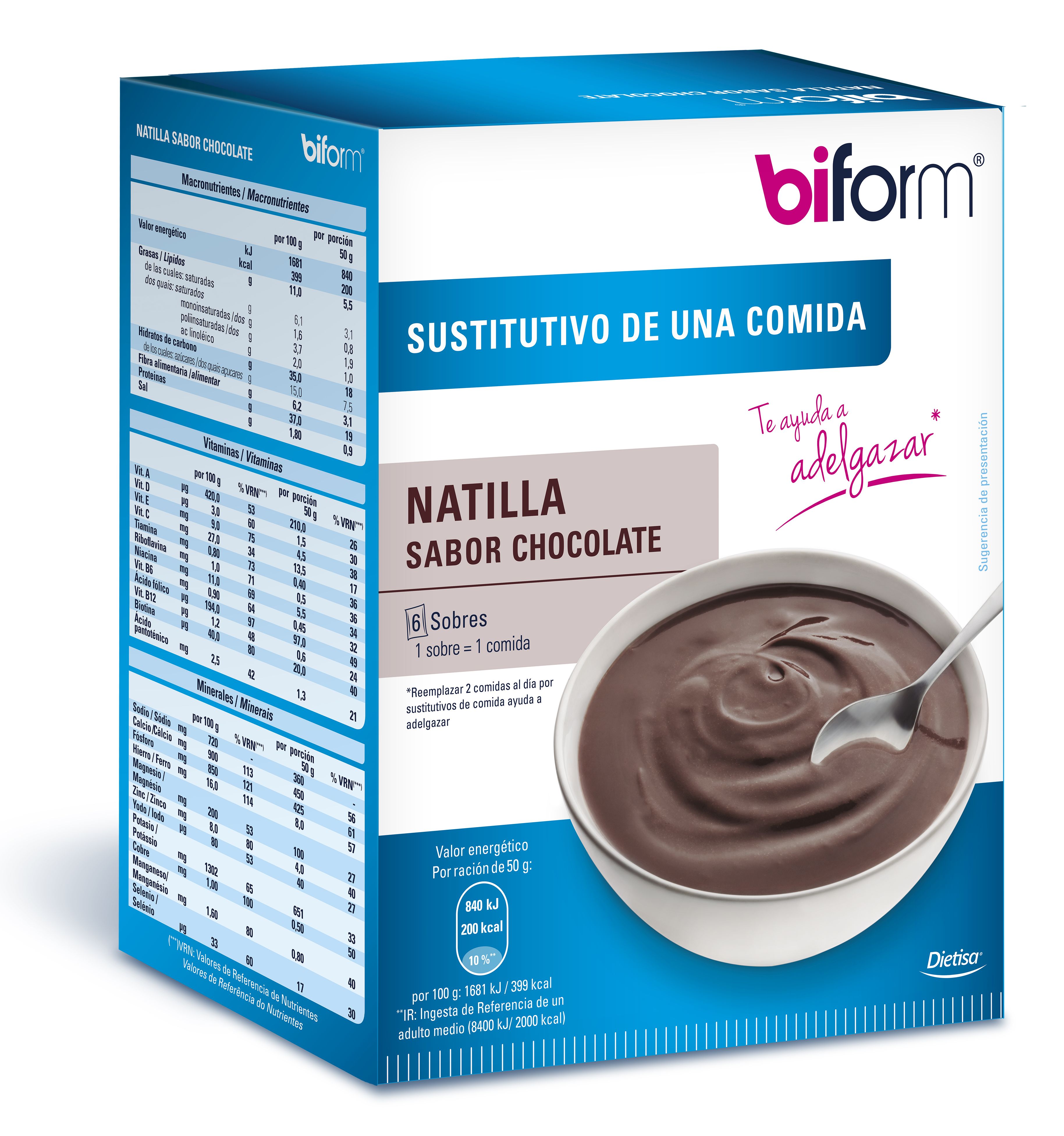 Biform Natillas Chocolate, 6 Sobres. Nutrición saludable. 