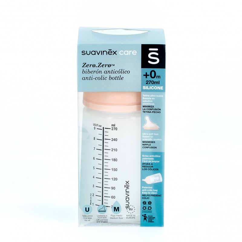 Suavinex Zero Zero Biberón Anticólicos 270 ml con Tetina de Flujo Medio, 1  Ud