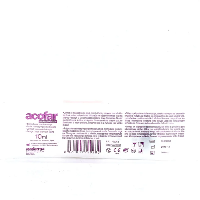 Acofar Jeringa sin aguja 3 piezas estéril, 10ml. Acofar Jeringa sin aguja 3 piezas estéril, 10ml.