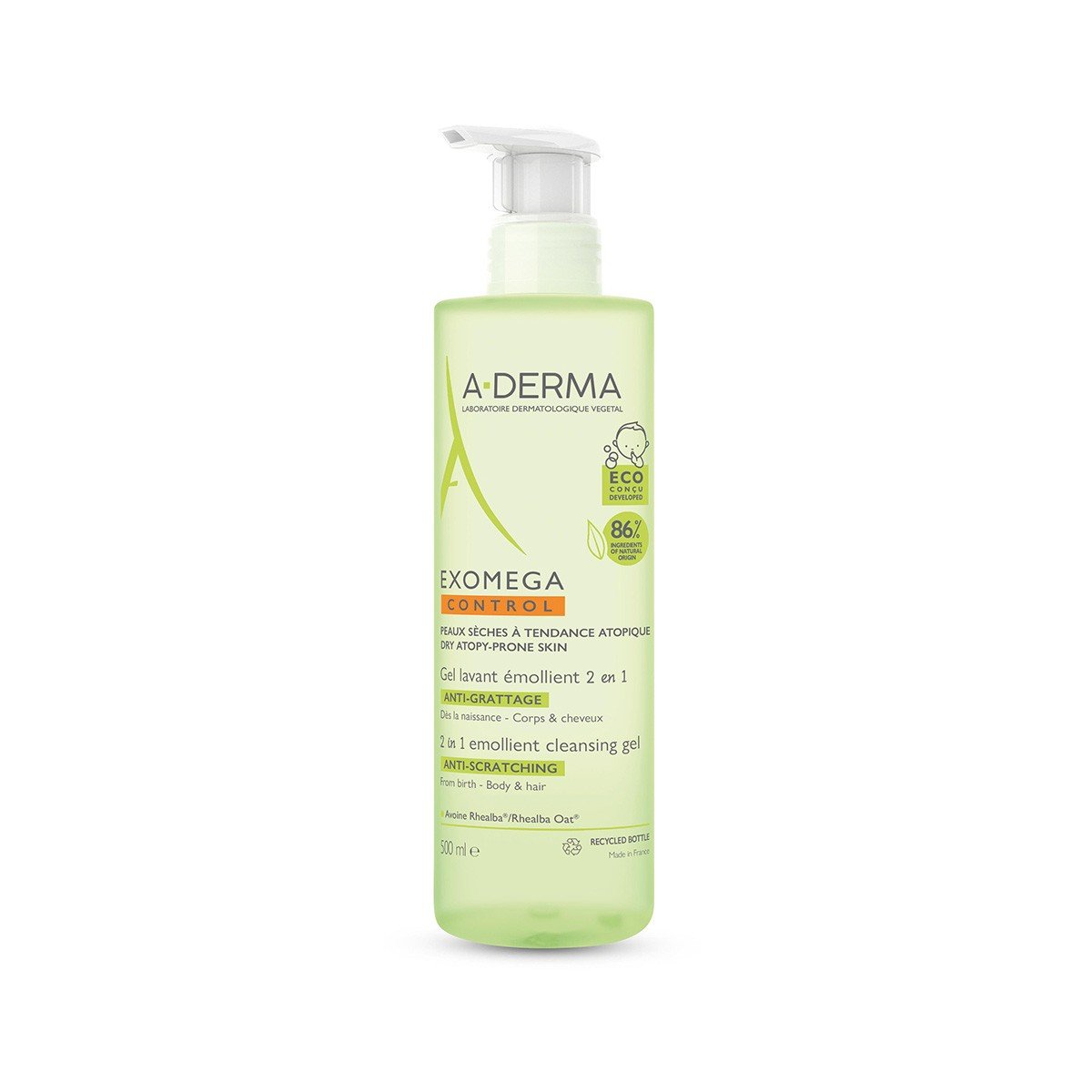 A-Derma Exomega gel limpiador emoliente 2 en 1 cuerpo y cabello, 500ml.