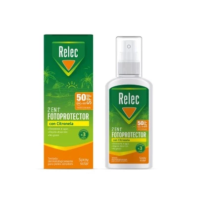 Relec 2 en 1 fotoprotector con Citronela Spray SPF50, 100 ml