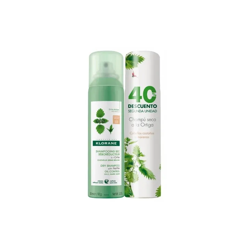 Klorane Champu Seco Ortiga cabellos castaños Duplo, 2x150ml.