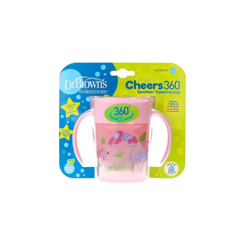 Dr Brown cheers 360º vaso transición sin boquilla rosa, 200 ml