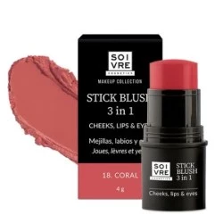 Soivre Colorete en Stick 3 en 1 Mejillas, Labios y Ojos Color Coral, 4 gr