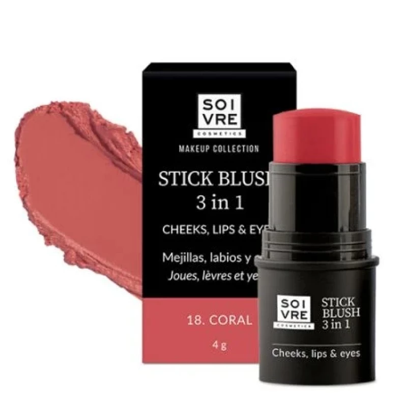 Soivre Colorete en Stick 3 en 1 Mejillas, Labios y Ojos Color Coral, 4 gr