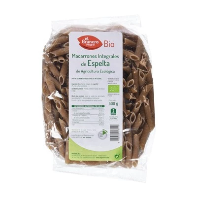 El Granero Macarrones Espelta Integral Bio, 500 gramos.