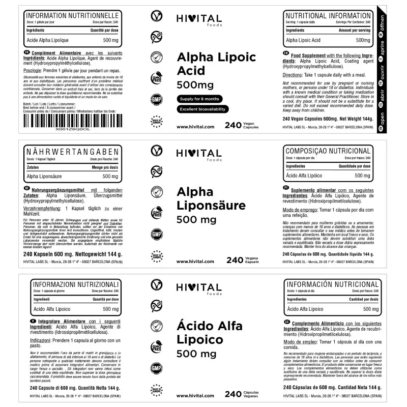 Hivital Ácido Alfa Lipoico 500 mg, 240 capsulas Hivital Ácido Alfa Lipoico 500 mg, 240 capsulas