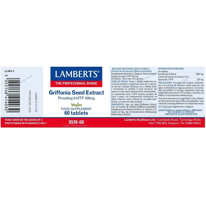 LAMBERTS extracto de semillas de grifonnia 5-HTP 100 mg, 60 comprimidos LAMBERTS extracto de semillas de grifonnia 5-HTP 100 mg, 60 comprimidos