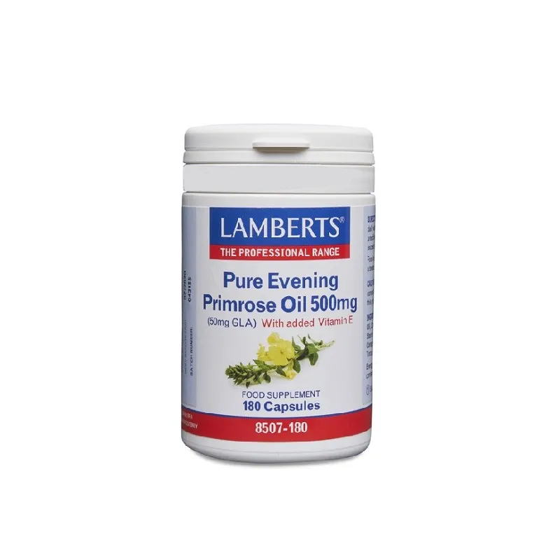 LAMBERTS Aceite de onagra puro 500mg con vitamina E, 180 cápsulas