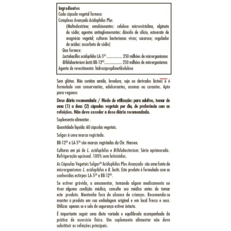 Solgar Advanced Acidophilus Plus, 60 Cápsulas Vegetales. Solgar Advanced Acidophilus Plus, 60 Cápsulas Vegetales.