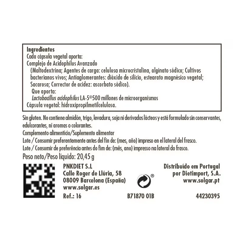 Solgar Acidophilus Avanzado (No Lácteo), 50 Cápsulas Vegetales.