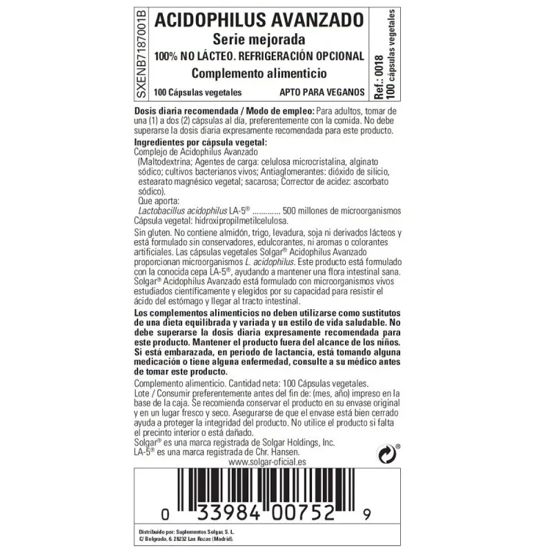 Solgar Acidophilus Avanzado no Lácteo, 100 Cápsulas Vegetales. Solgar Acidophilus Avanzado no Lácteo, 100 Cápsulas Vegetales.
