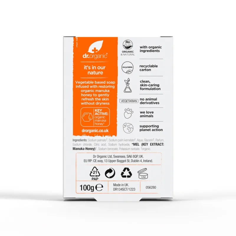 Dr Organic Pastilla de jabón de Miel de Manuka, 100g,