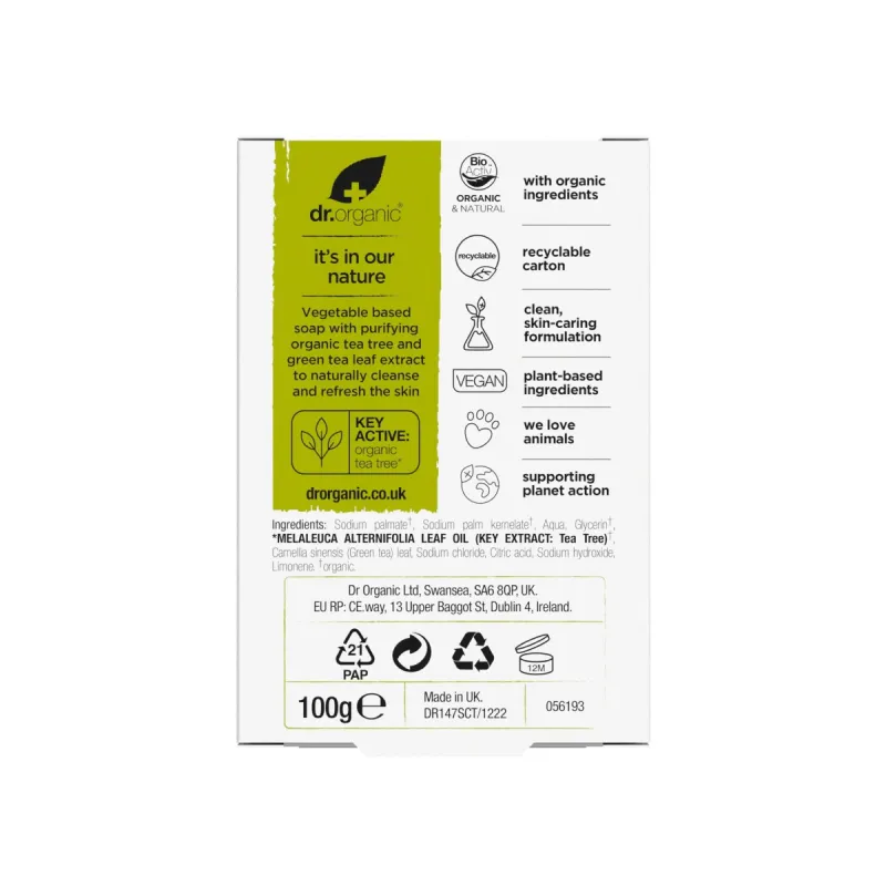 Dr Organic Pastilla de jabón de Árbol de Té, 100g.