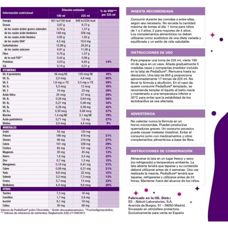 PediaSure sabor chocolate etiqueta PediaSure sabor chocolate etiqueta
