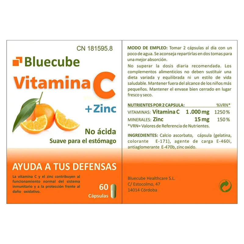 Bluecube Vitamina C + Zinc, 60 cápsulas | Farmacia Barata Bluecube Vitamina C + Zinc, 60 cápsulas | Farmacia Barata