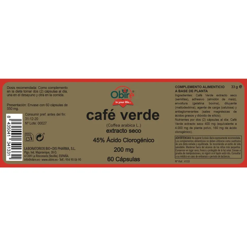 Obire Café verde 200 mg (ext. seco) | Farmacia Barata Obire Café verde 200 mg (ext. seco) | Farmacia Barata