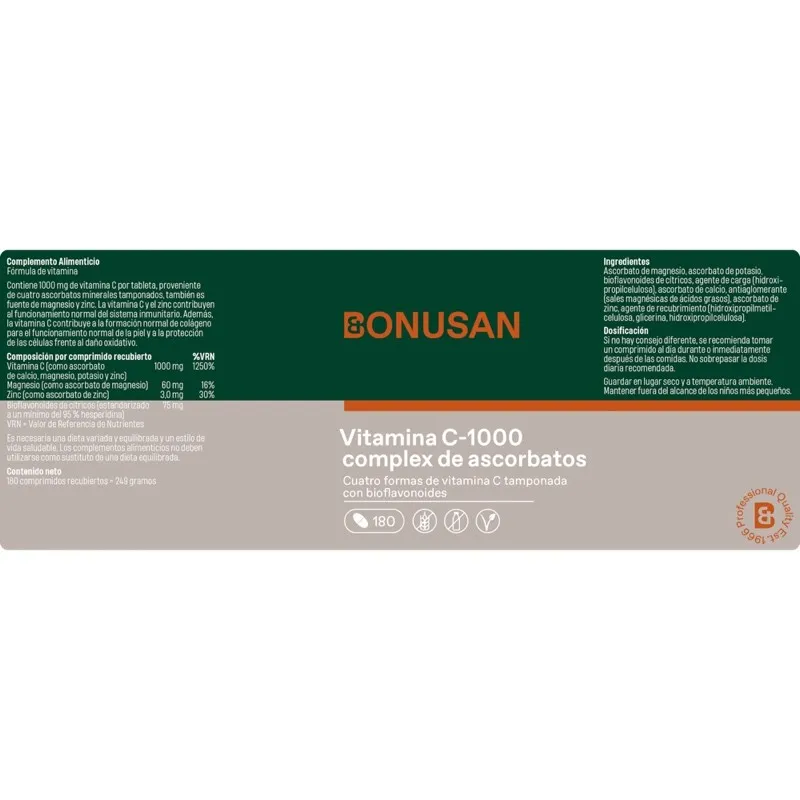 Bonusan Vitamina C-1000 complejo de ascorbates 180 comprimidos etiqueta Bonusan Vitamina C-1000 complejo de ascorbates 180 comprimidos etiqueta