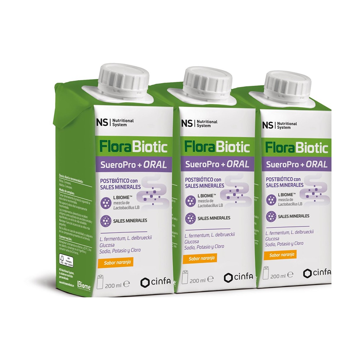 NS FLORABIOTIC SUEROPRO+ ORAL 3 ENVASES 200 ML SABOR NARANJA