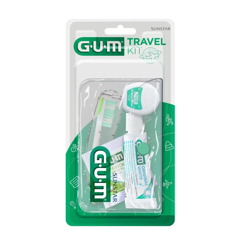GUM Kit De Viaje En Blister: Cepillo Viaje, O.White Pasta + Seda | Farmacia Barata